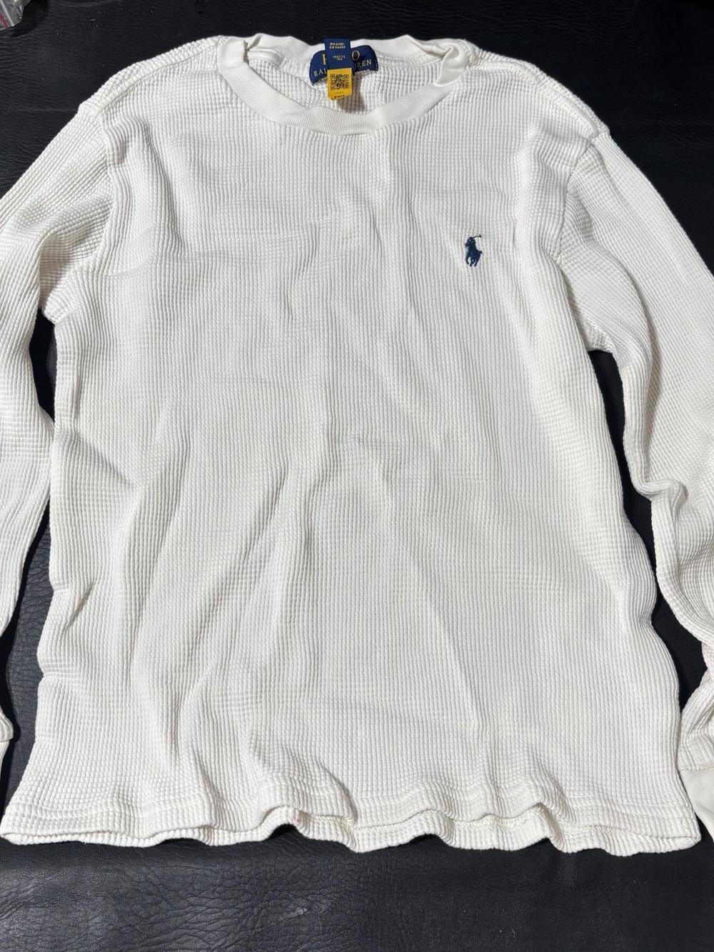 Ralph Lauren White Waffle Knit Long Sleeve Top with Navy Pony